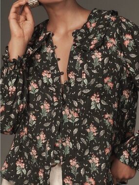 Anthropologie Pilcro Keira Button Front Floral Ruffle-Trim Collared Blouse